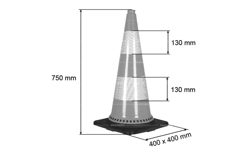 3D drawing of 750mm weighted traffic cone showing dimensions of the body height, base and reflective tapes