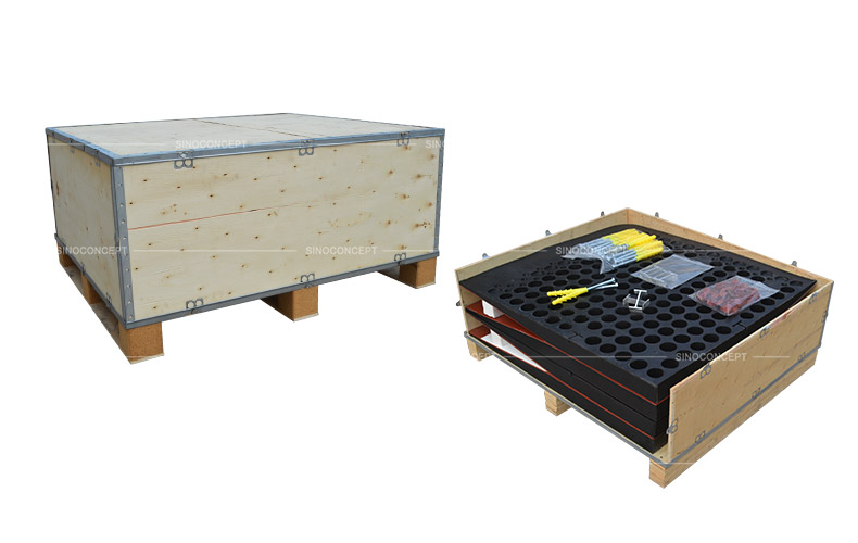 Rubber speed table also called rubber road cushion packed within a wooden crate for delivery to UK clients
