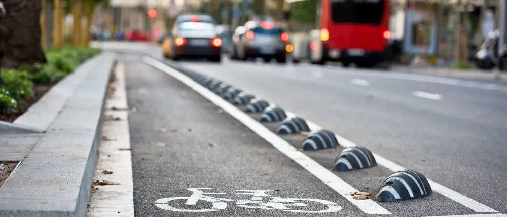 Black and white armadillo shape lane separators on the road to enhance cyclists' safety.