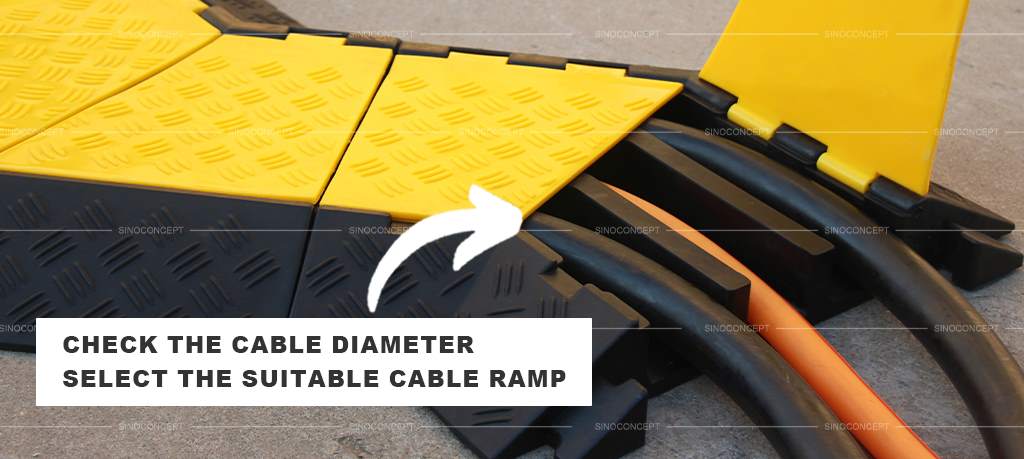 A black 3-channel cable ramp with yellow lids to protect cables.