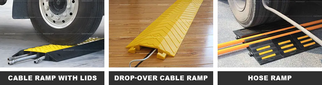 Black rubber cable ramp with yellow lids, yellow drop-over cable protector, and hose protector ramp used to protect and hide cables.