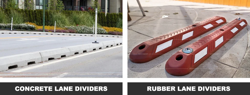Concrete lane dividers with delineator posts and two red rubber lane dividers with white reflective films.