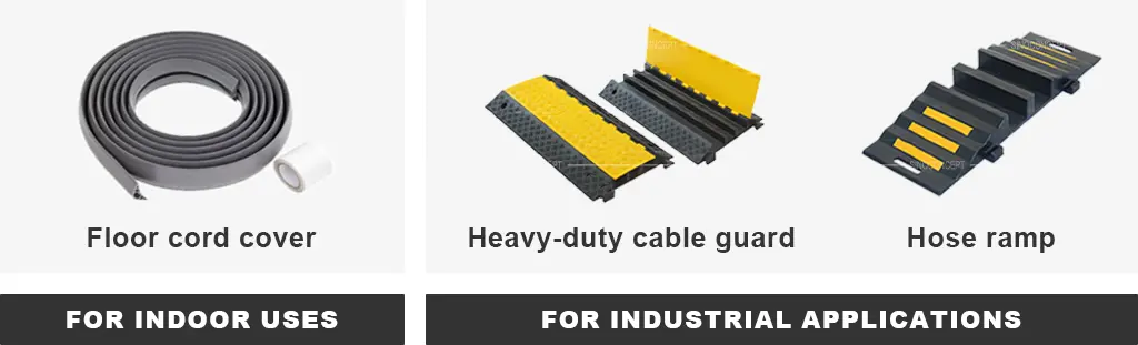 A gray floor cord cover, two black rubber heavy-duty cable guards with yellow lids, and a black rubber hose ramp.