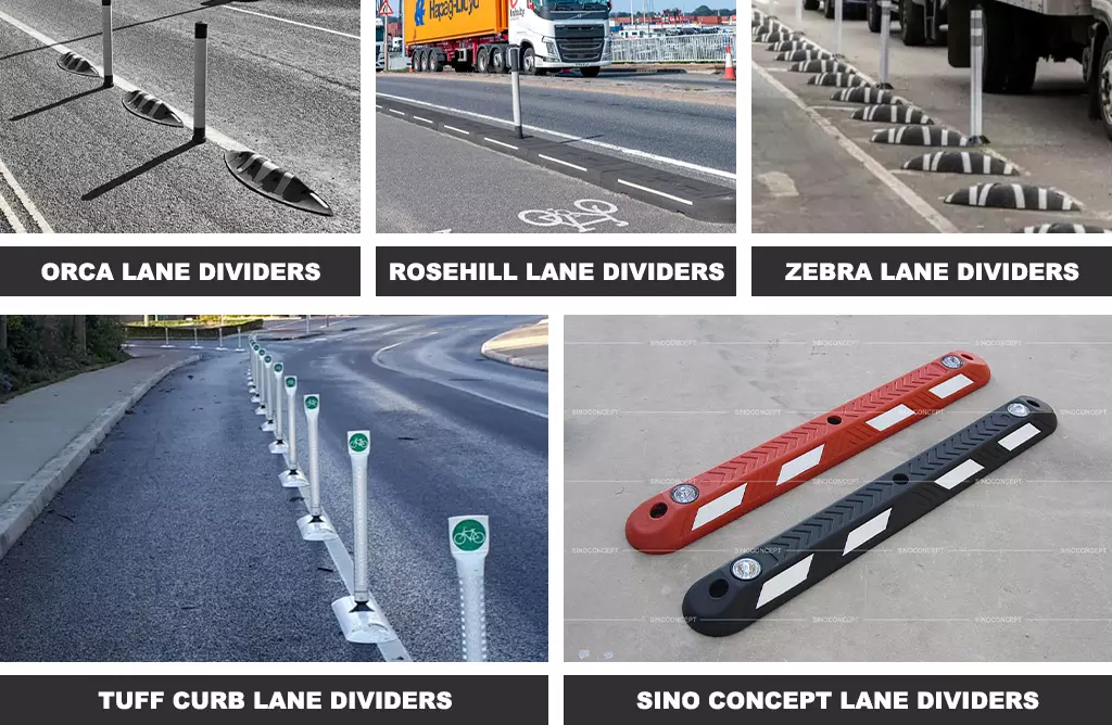 Orca, Rosehill, Zebra, Tuff Curb, and Sino Concept lane dividers.