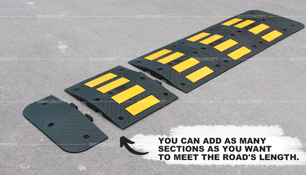 A long speed hump made of several small parts to be connected together by a strong interlocking system