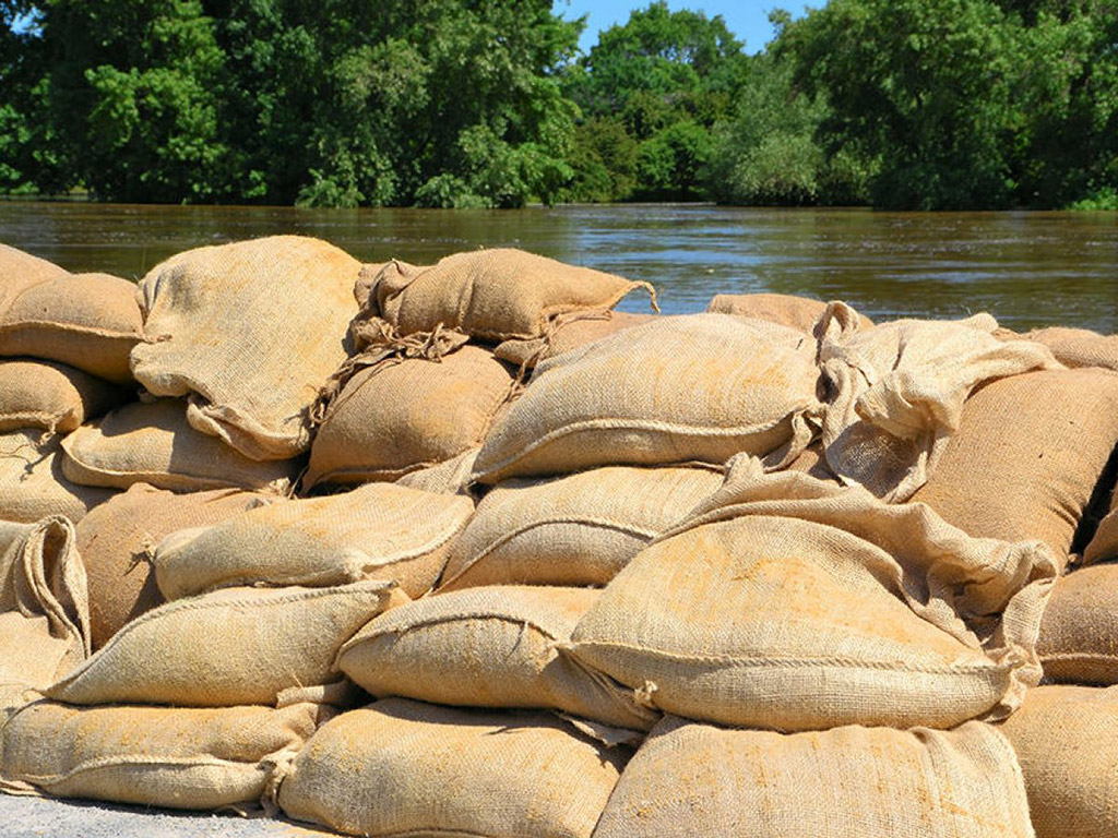 Polypropylene sandbags are stacked together to stop flooding