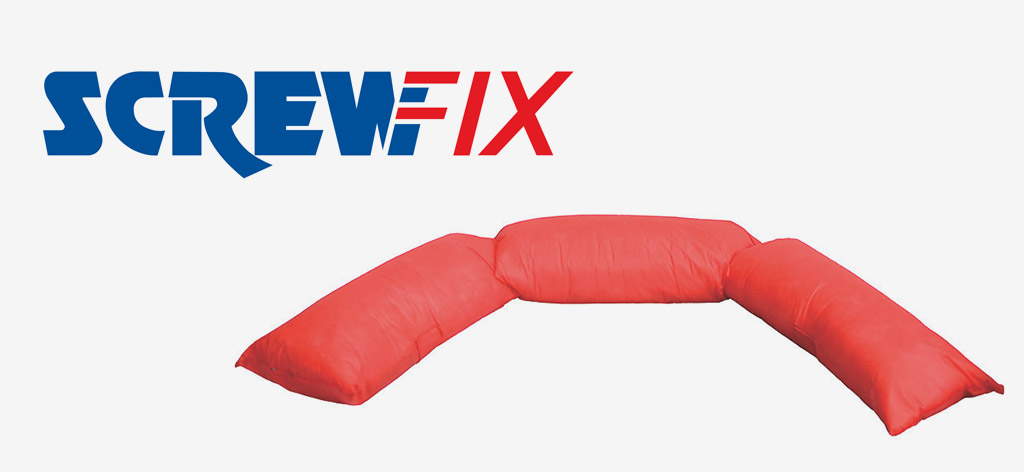 Red sandbags manufactured by Screwfix for flood control purposes
