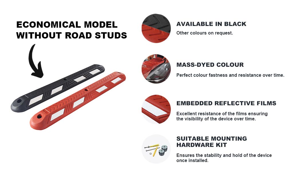 Black and red lane separators embedded with road studs made by Sino Concept for traffic management