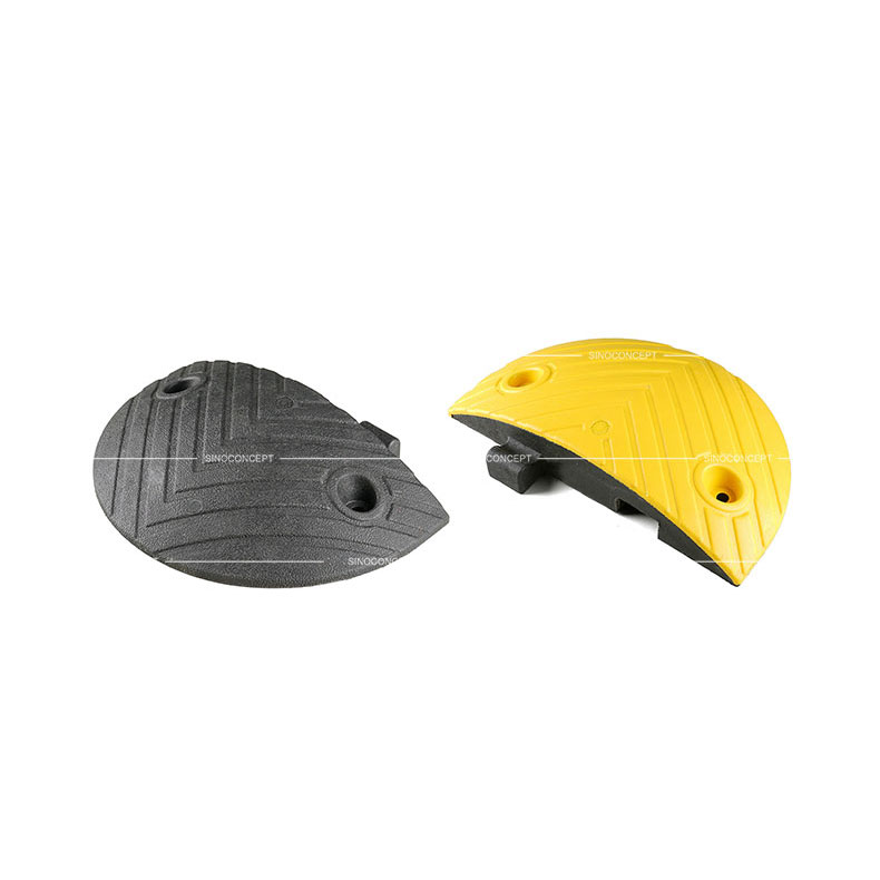 Black and yellow end parts of a modular 7cm speed bump, designed for easy interlocking installation.