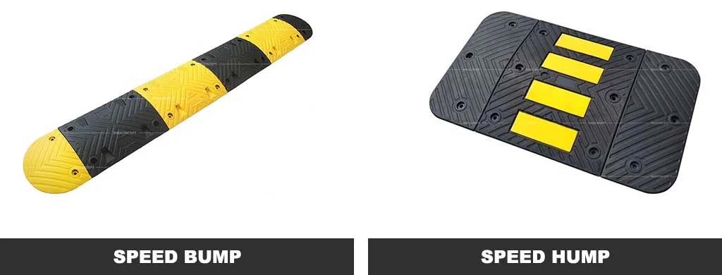 A black and yellow speed bump, and a black speed hump with yellow reflective films to reduce the vehicle's speed.