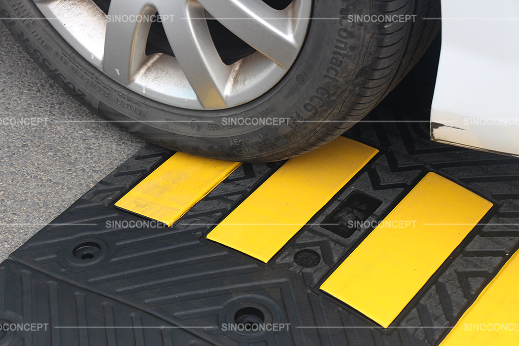 A traffic calming hump made of rubber and designed with anti-slip surface for better traffic management
