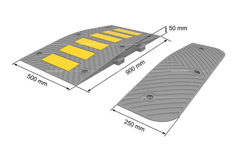 3D drawing showing dimensions of 900mm type rubber speed hump made of black and yellow vulcanized rubber for traffic calming
