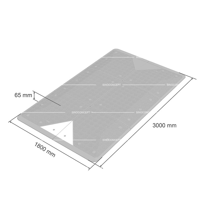 3D drawing of a rubber speed cushion showing dimensions of the UK type, with white reflective tapes for traffic management