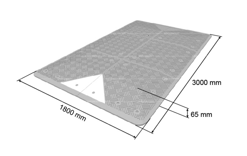 3D drawing of a rubber speed cushion showing dimensions of the UK type, with white reflective tapes for traffic management