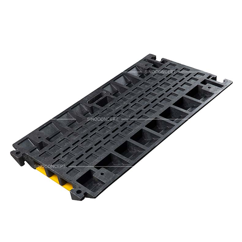 Bottom view of 3-channel cable protective cover ramp with reinforced structure and integrated handle.