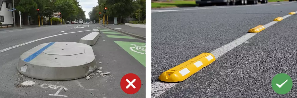 Concrete lane separators are partially broken, and yellow rubber lane dividers with white reflective films mounted on the road.
