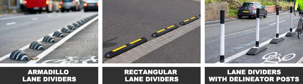 Black and white armadillo cycle lane separators, black and yellow rectangular lane dividers, and lane dividers with delineator posts.