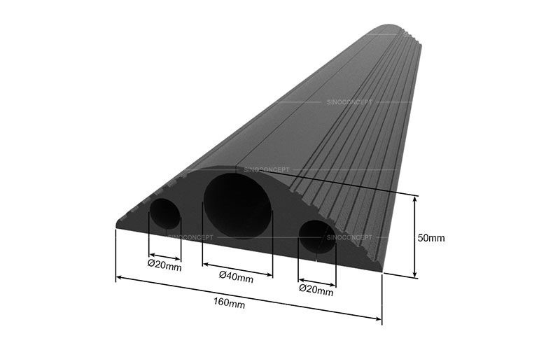 3D drawing of a floor cord cover also called outdoor cable protector showing dimensions of width, height and acceptable cable size