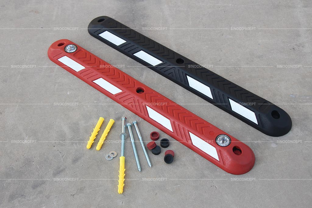 Black and red lane dividers made of vulcanized rubber and pasted with white reflective films, and their installing accessories.