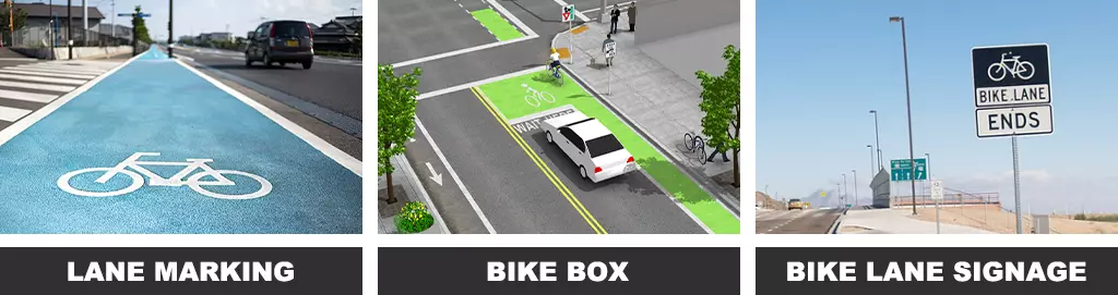 Blue and white bike lane markings, green and white bike boxes, and bike lane signage for traffic-safety management.