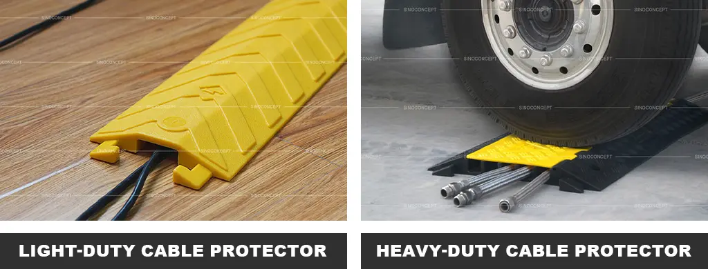 A yellow light-duty cable protector and a black heavy-duty cable ramp with yellow covers to protect cables or wires.