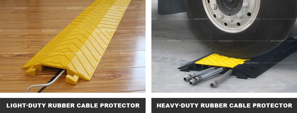 A yellow light-duty cable protector made of PU, and a black rubber heavy-duty cable ramp with yellow plastic lids.