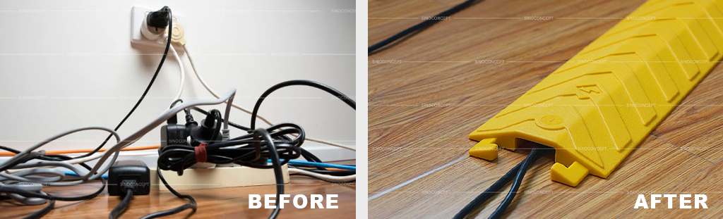 Many wires are cluttering up the floor, and a yellow drop-over cable cover on the floor to protect wires.
