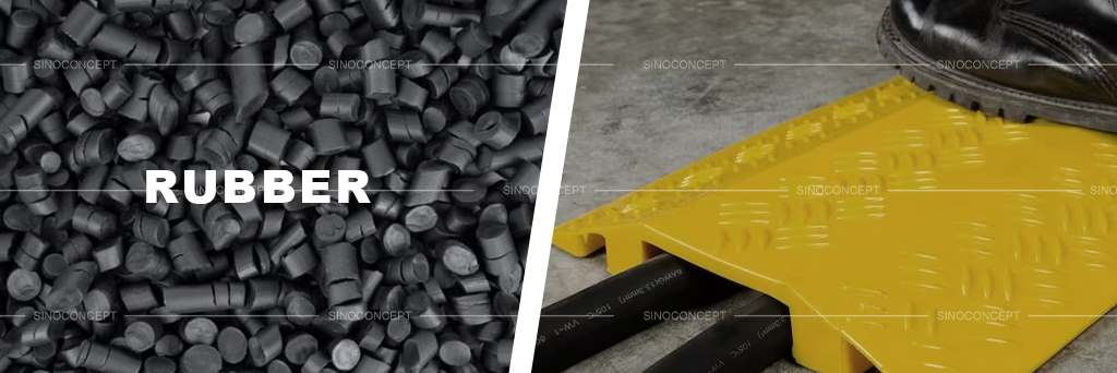 Black rubber raw material, and a yellow rubber drop-over cable protector used to protect wires and cables.
