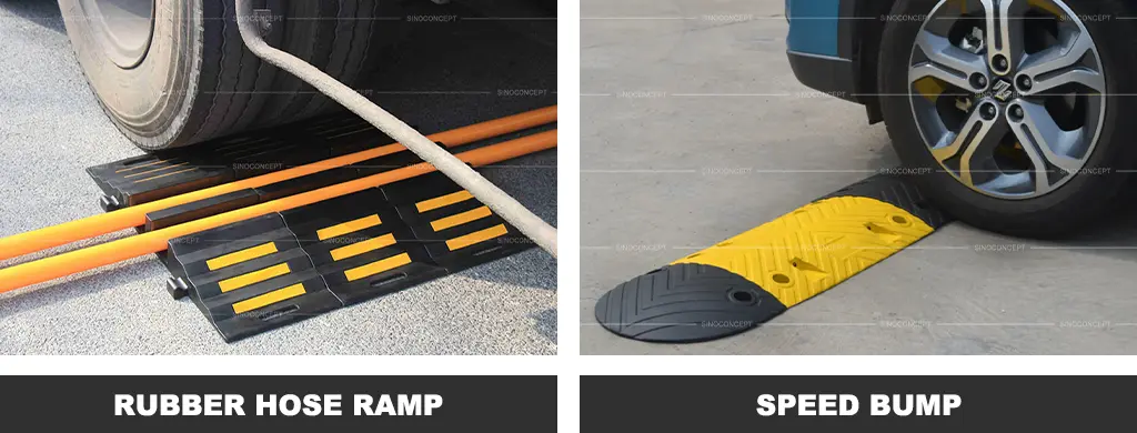 A rubber hose ramp to protect hoses and a black and yellow speed bump to reduce vehicles' speed.