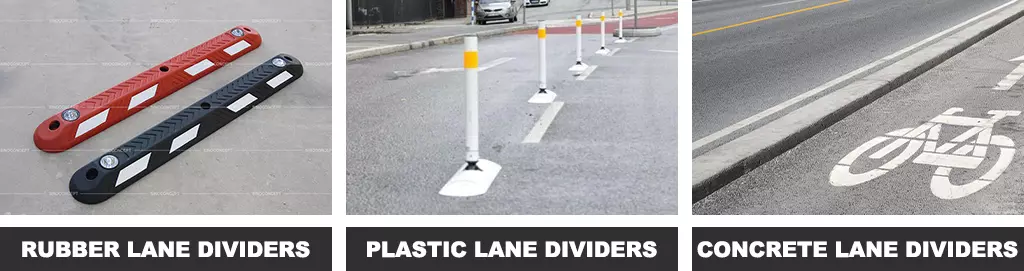 A red and a black rubber lane dividers with white reflective films and road studs, white plastic lane dividers, and concrete lane dividers.