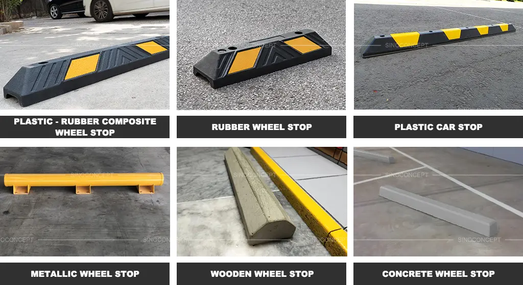 A black and yellow plastic-rubber composite, rubber, plastic car stop with yellow reflective films, a yellow metallic car stop, a wooden car stop, and concrete wheel stops.