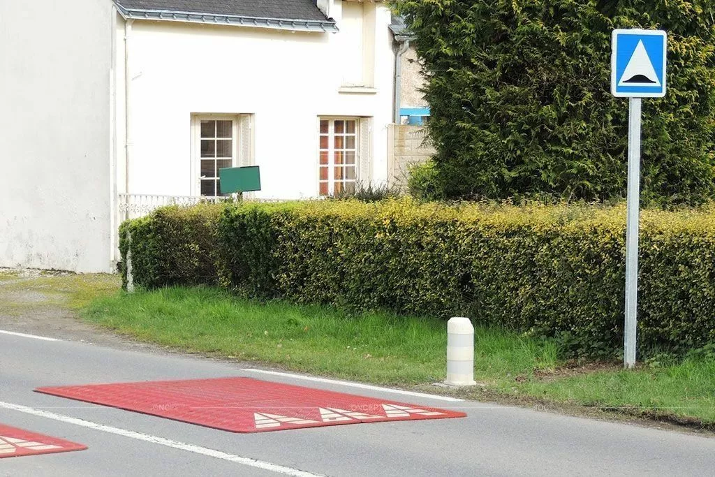 Two Europe red rubber speed cushions are mounted on the road for traffic calming.