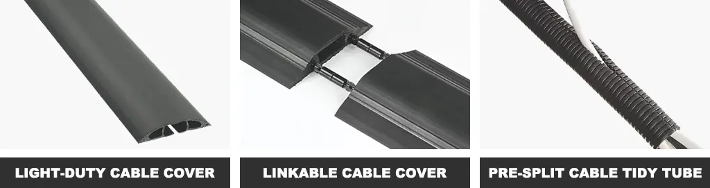 A black light-duty cable cover, linkable cable cover and pre-split cable protector used to protect wires manufactured by Screwfix.