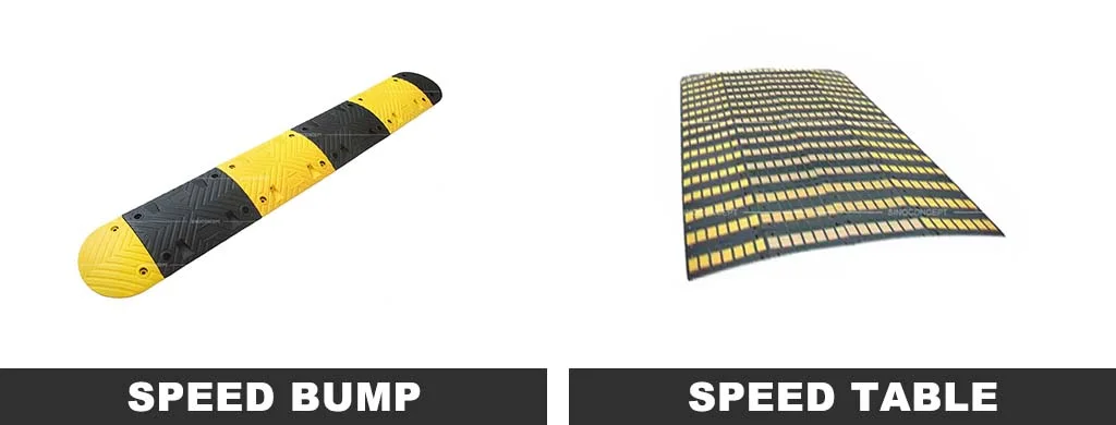 A black and yellow speed bump and speed table as traffic-calming measures.
