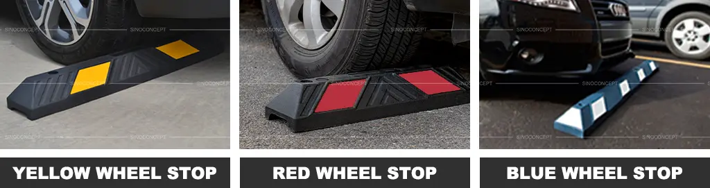 A black and yellow, black and red, blue and white wheel stop used for parking management.