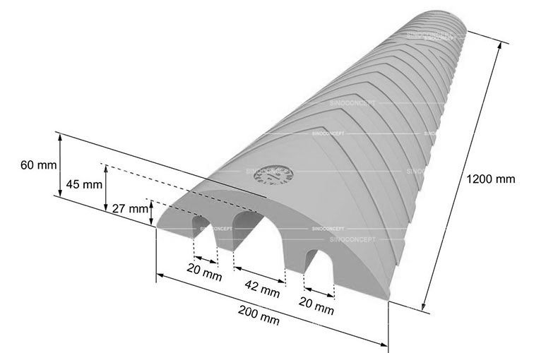 3D drawing of cable ramp also called outdoor cable protector showing dimensions of 1200 mm type for floor cable management