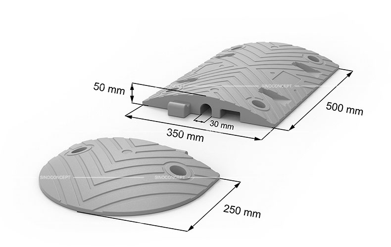 3D drawing showing dimensions of 5cm type road bump made of Plastic-Rubber composite.