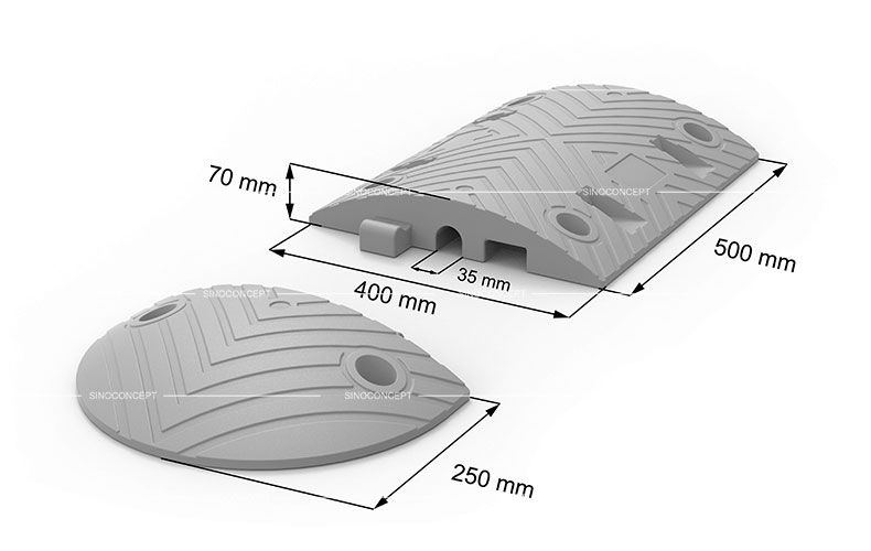 3D drawing showing dimensions of 7cm type road bump made of Plastic-Rubber composite.