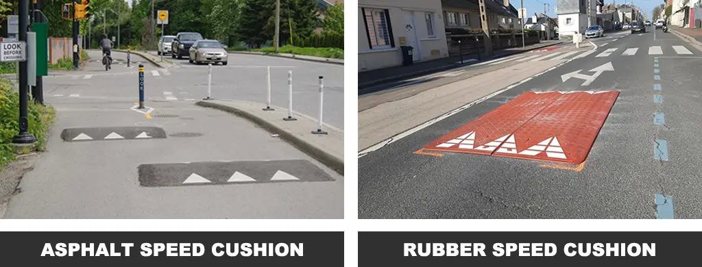 Black and white asphalt speed cushions and a red rubber speed cushion for traffic safety management.