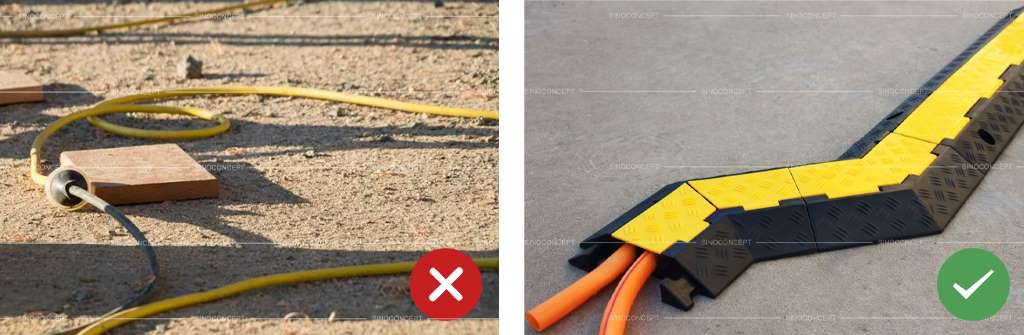Some messy wires on the ground, and a rubber cable protector that hide and protect wires.