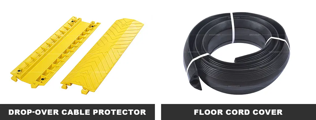 Bright yellow drop-over cable protectors, and black floor cord cover for cable management.