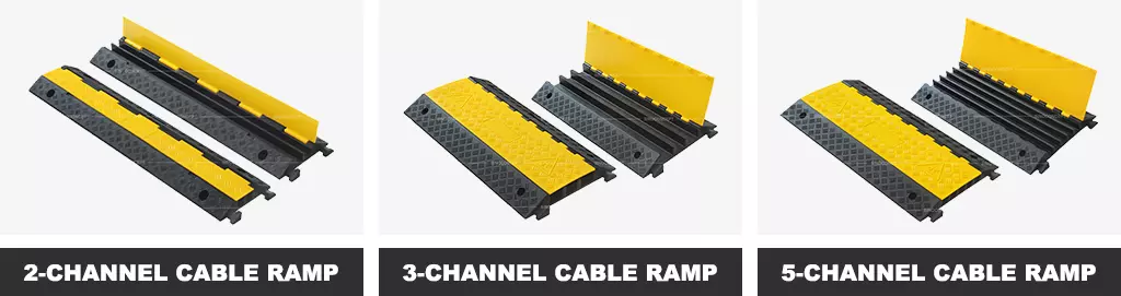 A 2-channel, 3-channel, and 5-channel cable ramps made of rubber with yellow plastic lids.