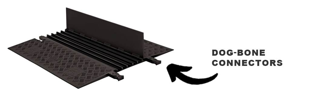 A black cable ramp with dog-bone connectors for protecting cables.