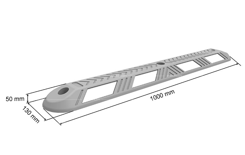 3D drawing of a cycle lane divider showing dimensions of the Eco type, with white reflective tapes for traffic management