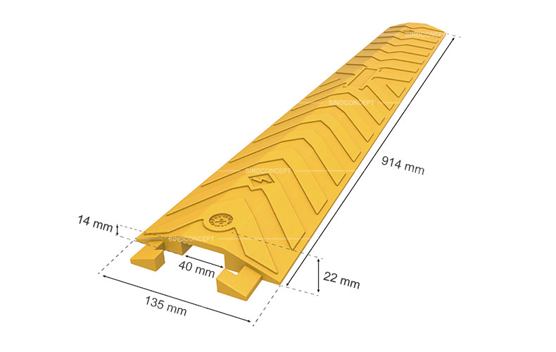 3D drawing of a polyurethane drop over cable protector also called drop over cable ramp showing dimensions