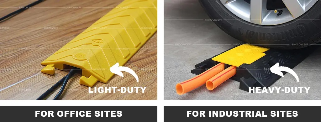 A bright yellow drop-over cable protector and yellow heavy-duty cable ramp for cable management.