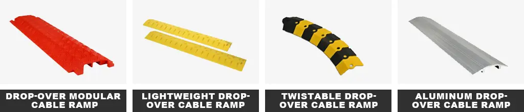 A red drop-over modular cable ramp, yellow lightweight drop-over cable ramps, a black and yellow twistable drop-over cable ramp, and an aluminum drop-over cable ramp made by Grainger.