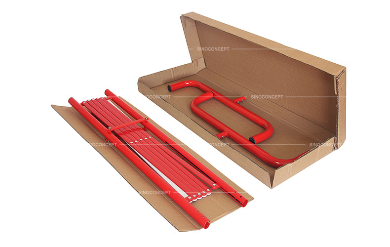 Red and white movable safety barrier packed with strong carton for delivery to Europe, used as a traffic control equipment