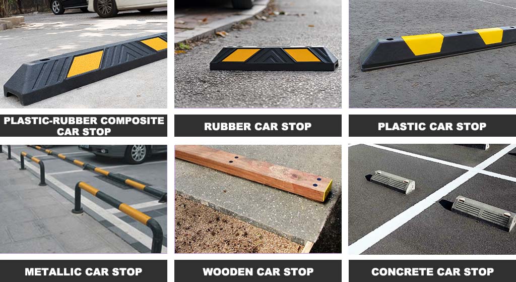 A black and yellow plastic-rubber composite, rubber, plastic car stop with yellow reflective films, black and yellow metallic car stops, a wooden car stop, and concrete wheel stops.