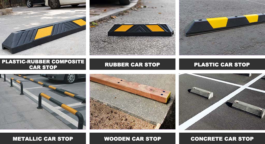 Wheel stops are made of different materials, including rubber-plastic composite, rubber, plastic, metal, wood, and concrete.